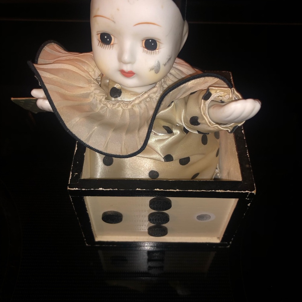 Music Box , Clown Doll, Cream and Black Polka Dot, Vintage